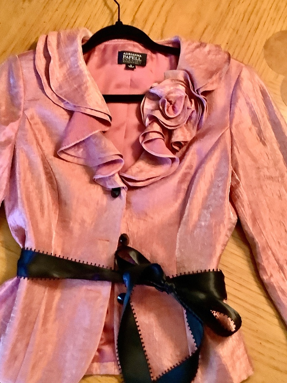 Adrianna Papell Rose Pink Satin Ruffle Jacket with Black Ribbon